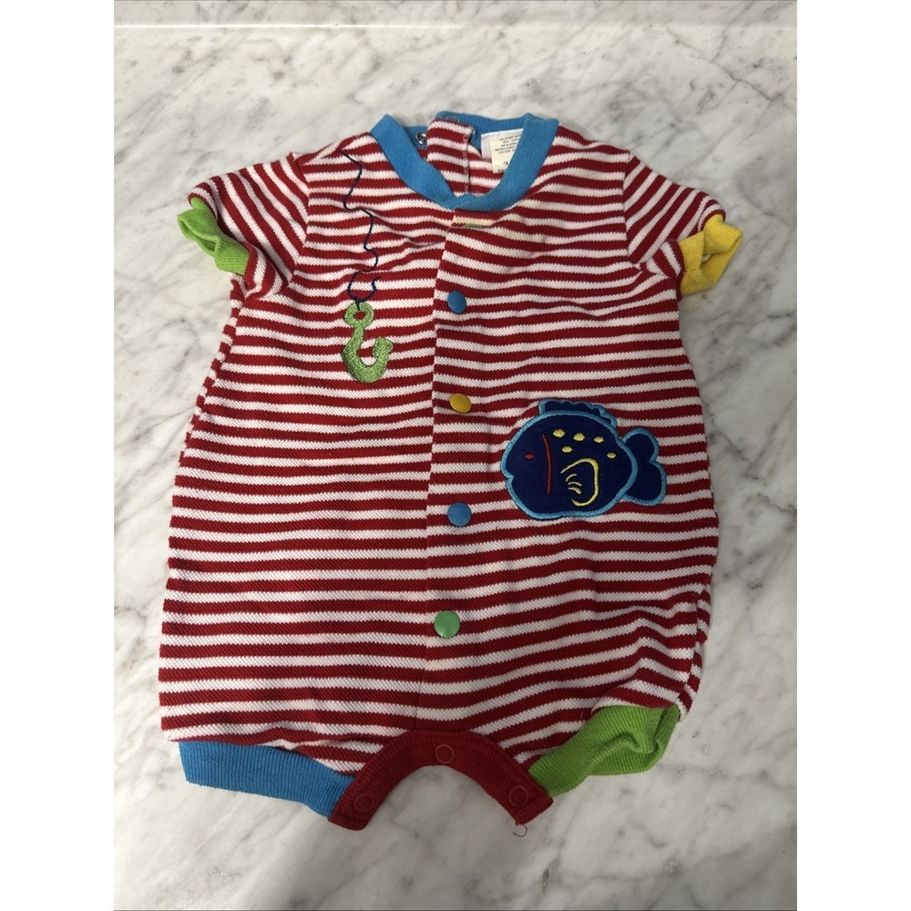 Vintage‎ 90s KABOOM! One-Piece Red/Blue/Green/Yellow/green Fish Hook- 3/6 Months